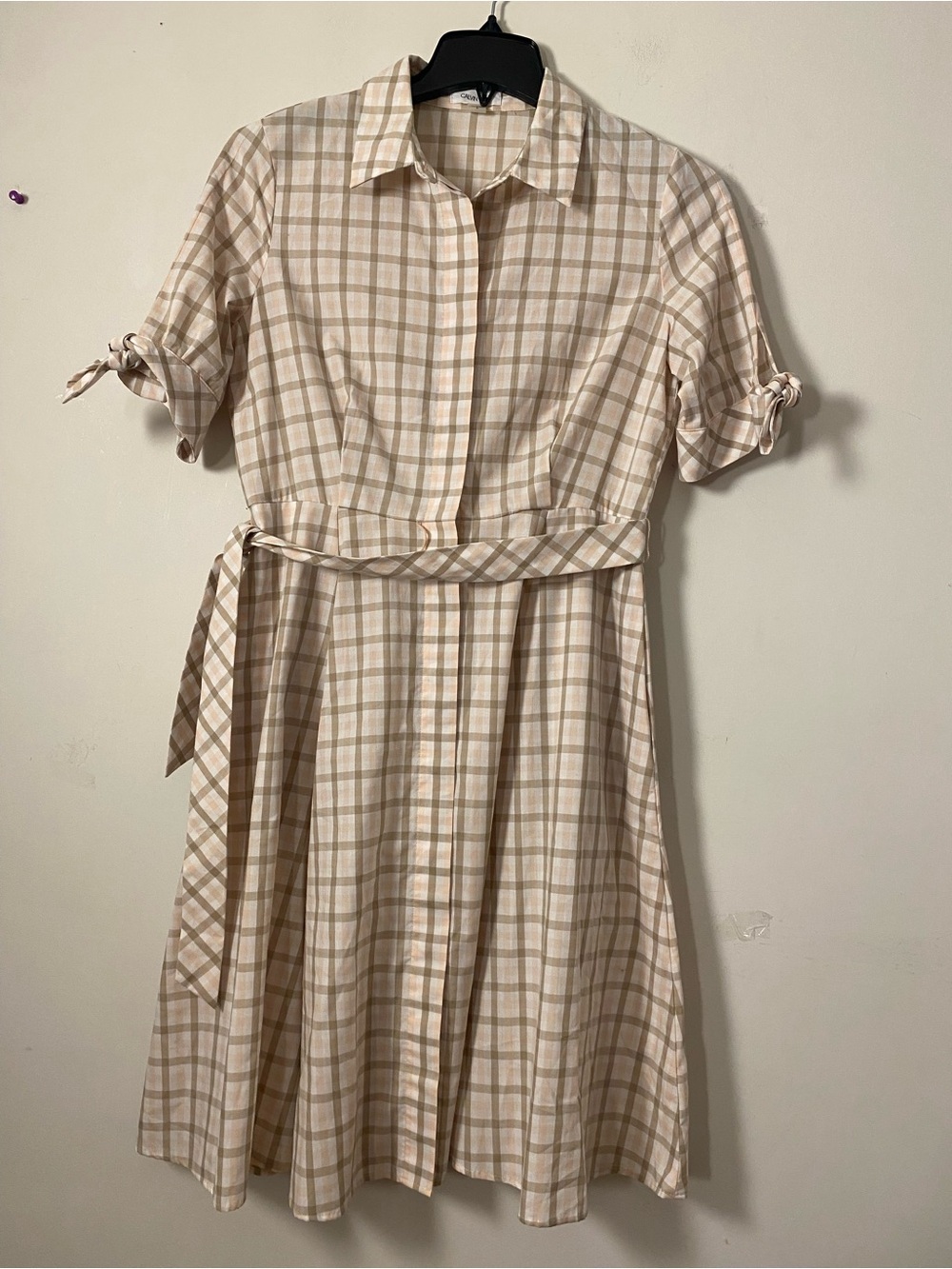 Classic Cotton Beige Plaid Shirt Dress with Tie Waist